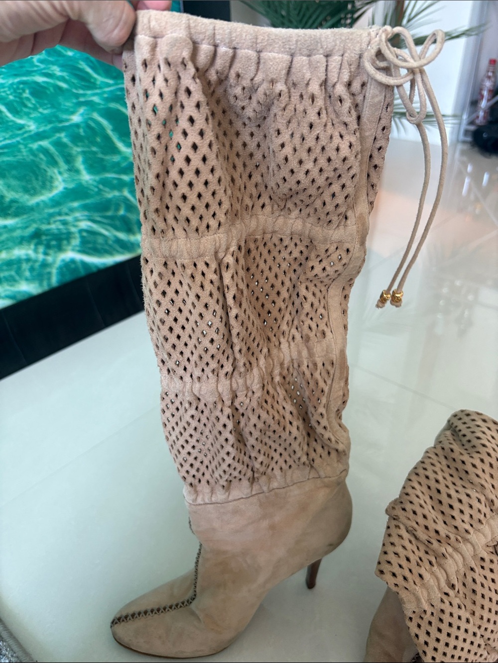 Roberto Cavalli Taupe Suede Perforated Drawstring Knee Boots - Picture 5 of 5